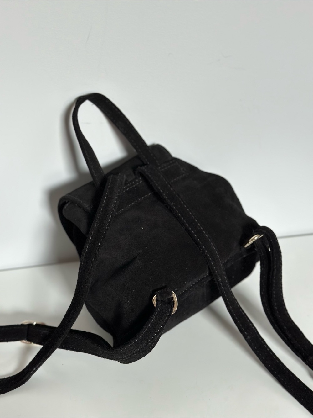 Black Suede Mini Backpack Drawstring Leather Bag Silver Hardware - Picture 13 of 17